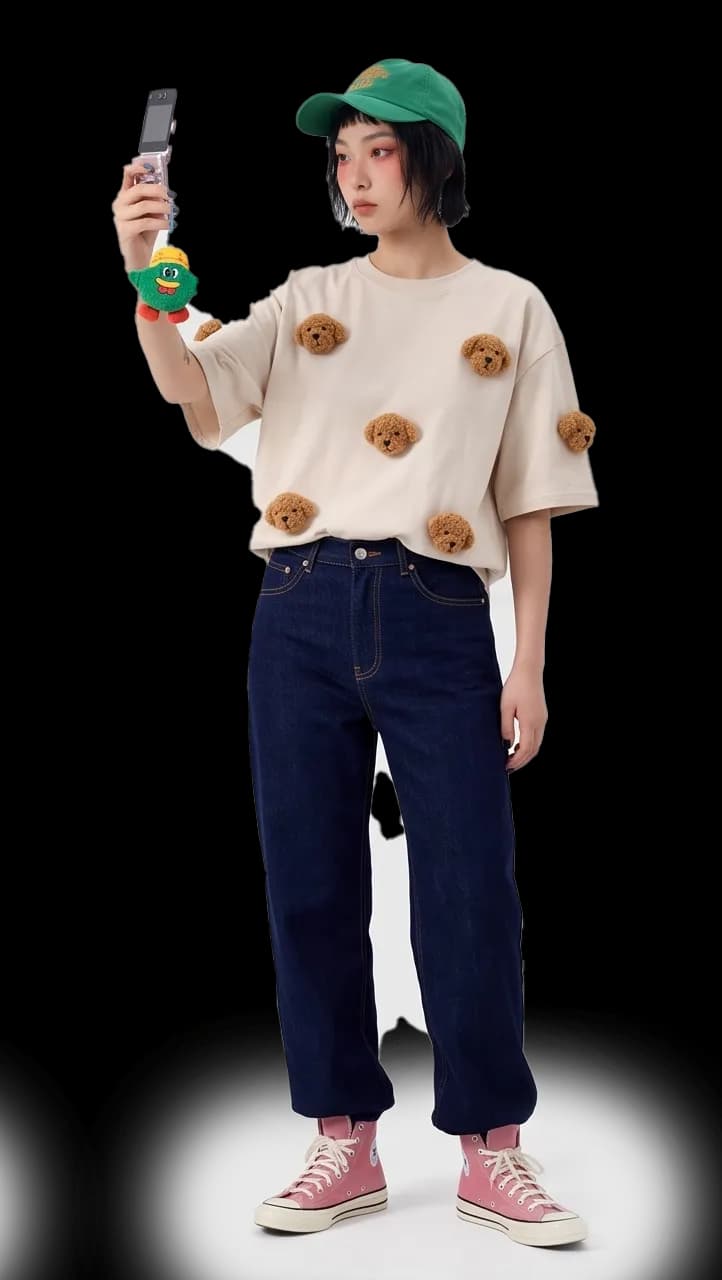 Model in a cream tee covered in 3D teddy patches